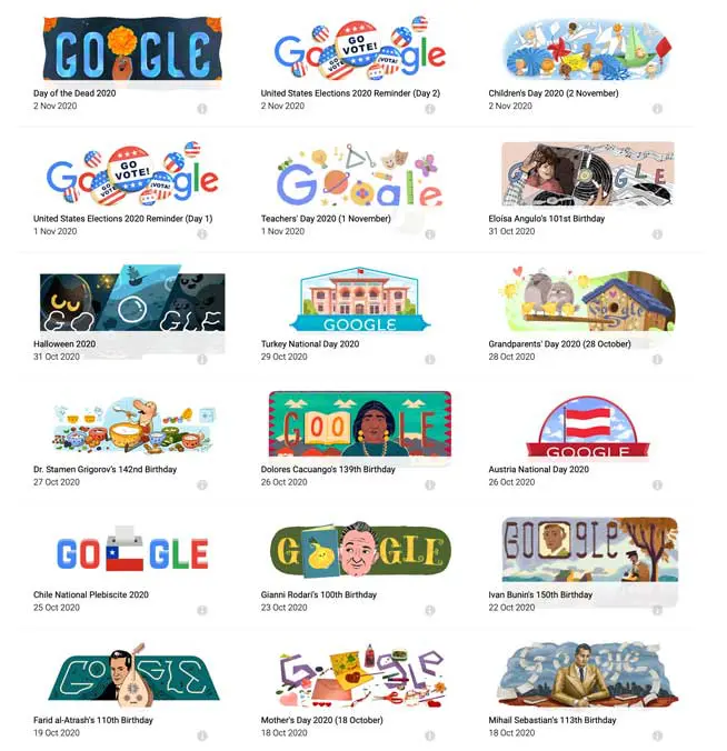 Showing the history of the google logo by displaying 18 different Google Doodles