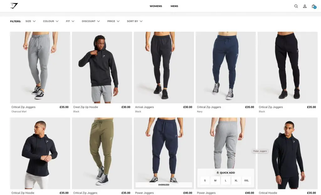 Product navigation on the Ecommerce website Gym Shark, showing mens joggers