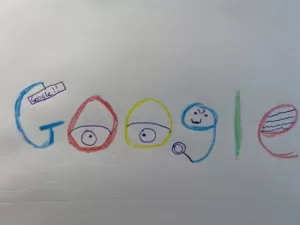 A new google logo design, with coloured pencils. Created by an 11 year old at home, whilst learning about the history of Google logos