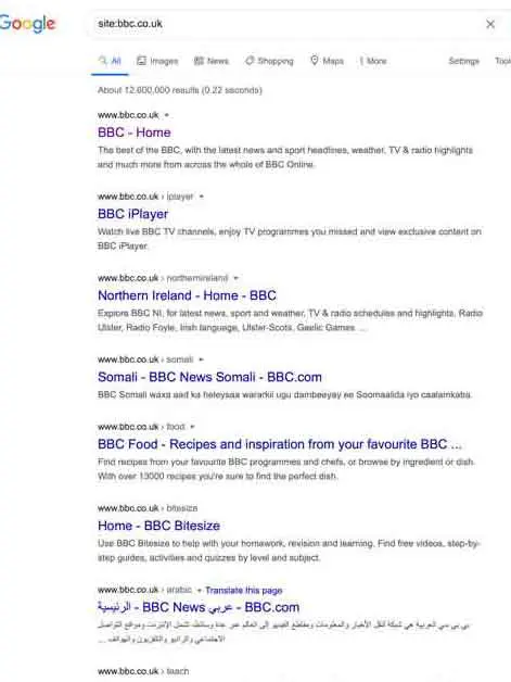 Showing how using Site: can bring up all the pages indexed on the BBC website, on google