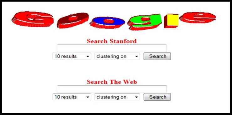 The first example of the latched Google logo from 1997 which includes the Stanford search bar