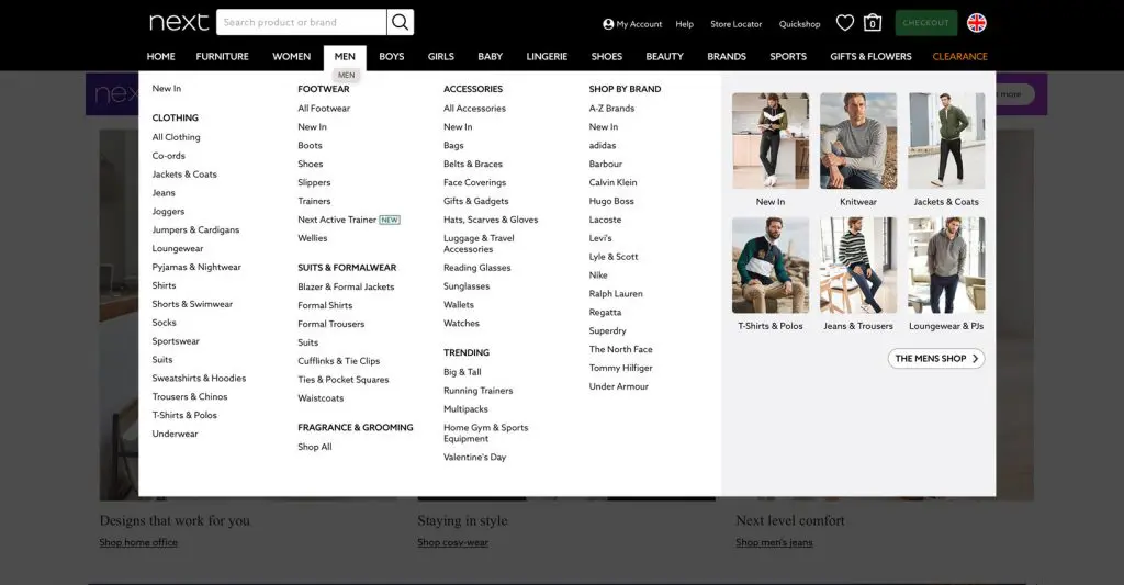ecommerce navigation window from next.co.uk, a strong ecommerce website
