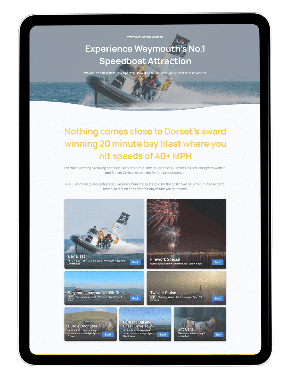 Showing a new website for a speed boat tour provider in Dorset UK