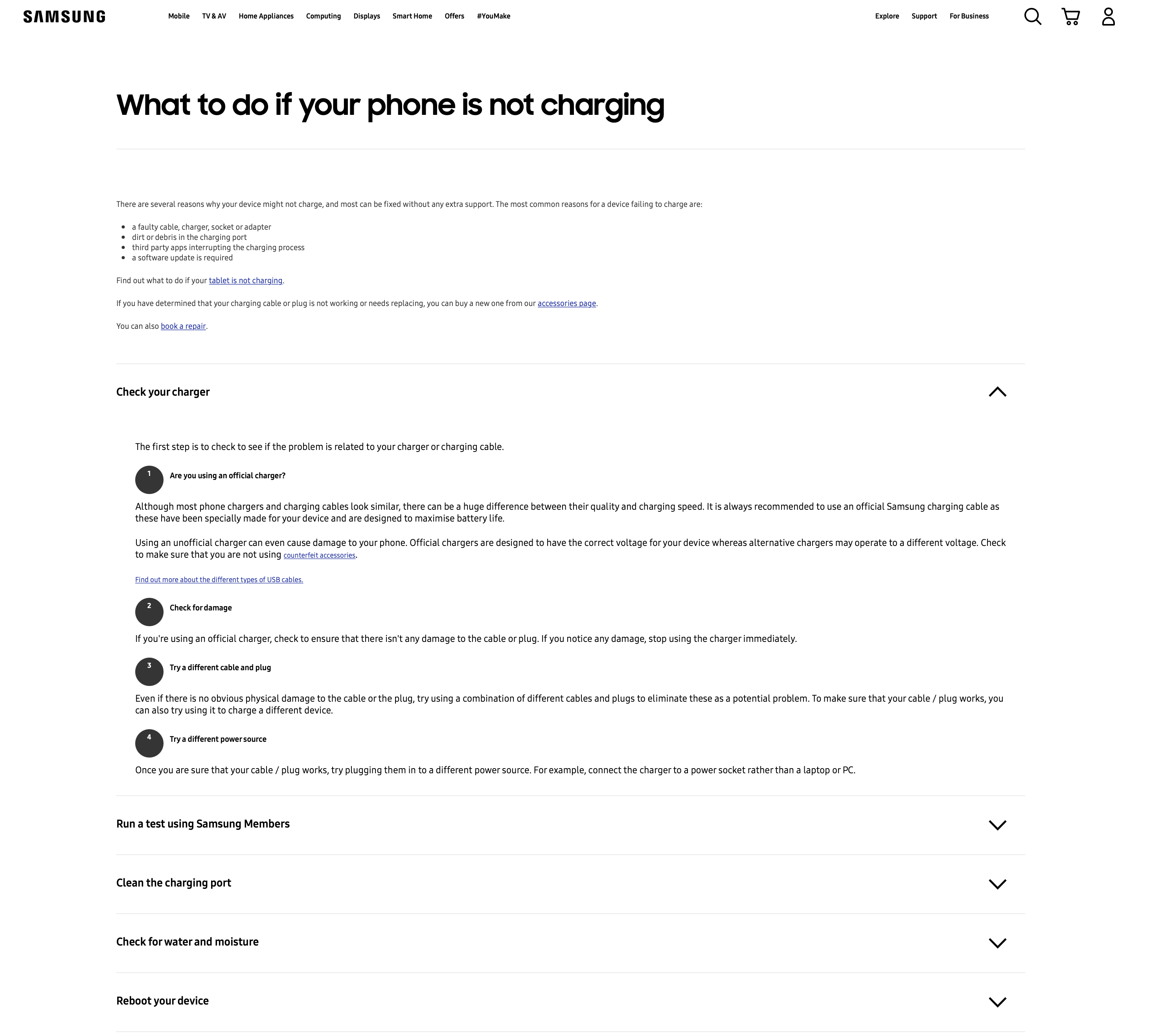 Samsung's FAQ page online for Customers