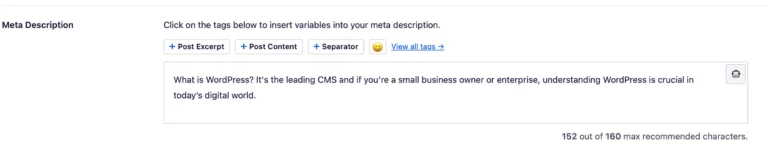Meta description for a web page in the All in One SEO plug in