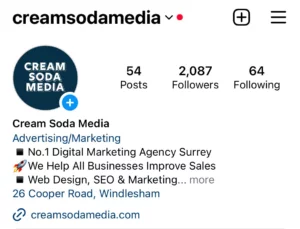 CreamSoda media Instagram bio, sowing best practice for placing links in to get referrals back to websites