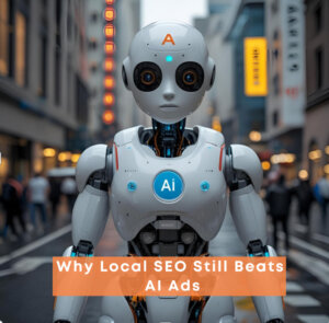 An AI Robot walks down a Surrey street, but Local business still win with Local SEO
